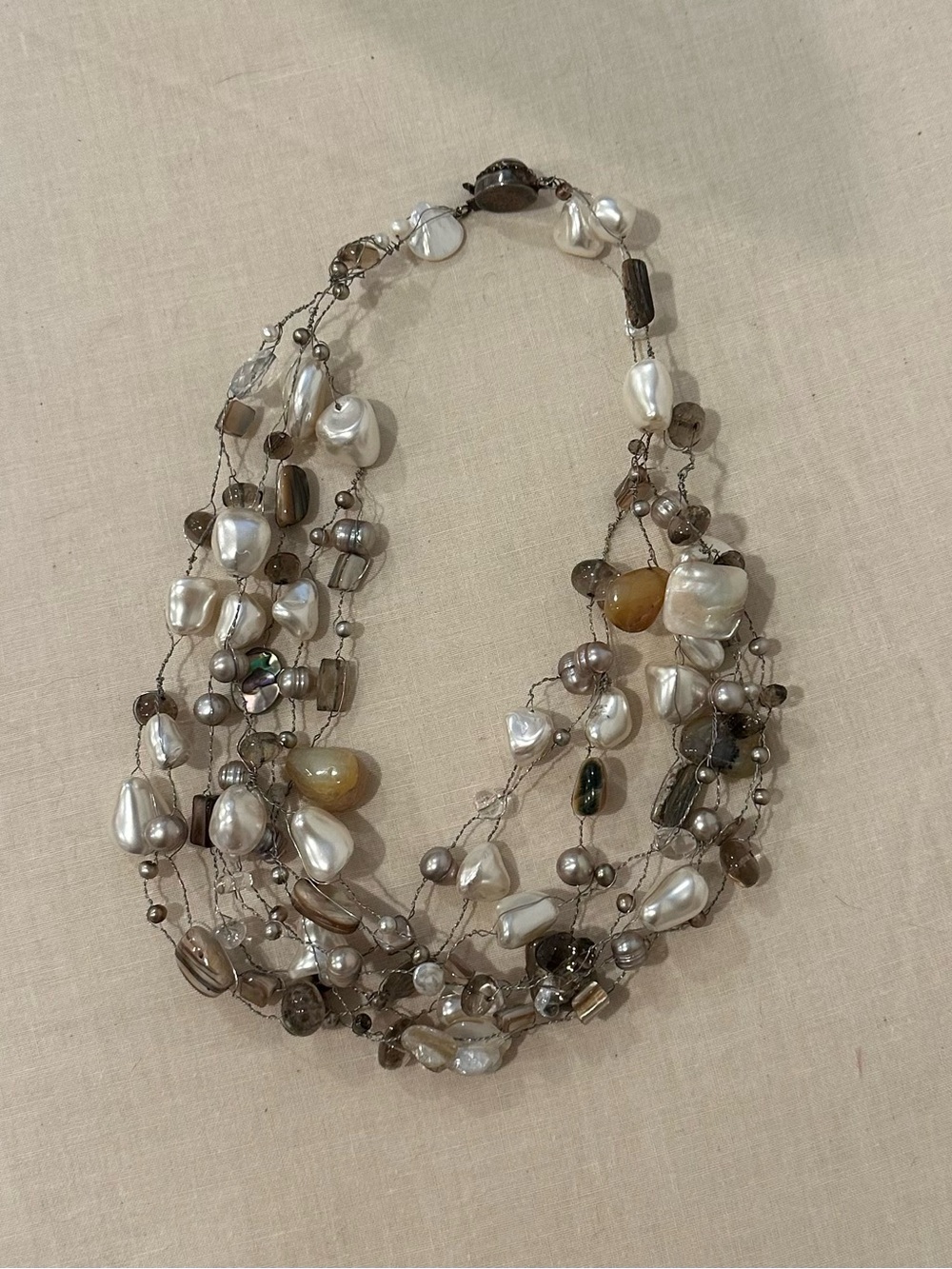 Multi-Strand Pearl & Smoky Bead Necklace - White & Brown